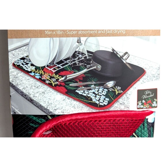 Christmas Cardinal Feliz Navidad Dish Drying Mats 2pc Reversible Red Kitchen NEW - Picture 4 of 8